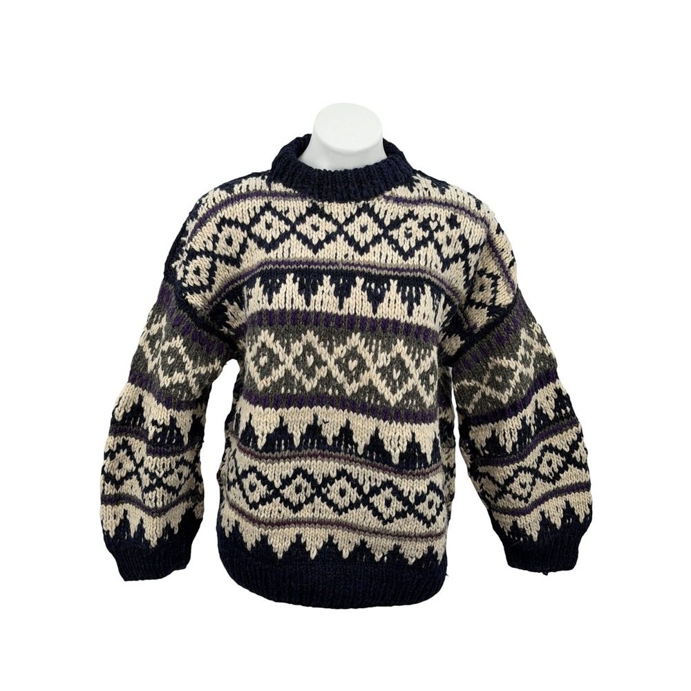 Venicia Imports Ski Sweater VTG Chunky Mens L Blue Wool Nordic Ecuador Handmade